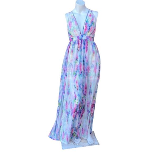 L'Atiste Pink Blue Tie Dye Strappy Low Cut Empire Waist Flowy Maxi Dress Small - Picture 1 of 8